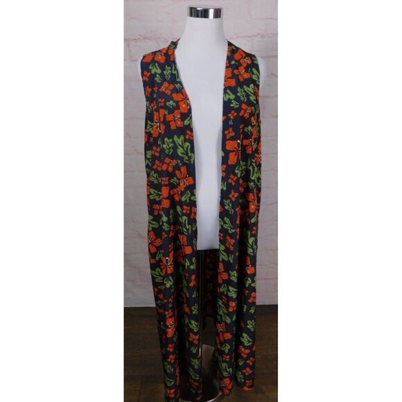 LuLaRoe Navy Floral Long Duster Vest Large Open Front Sleeveless - Picture 1 of 12